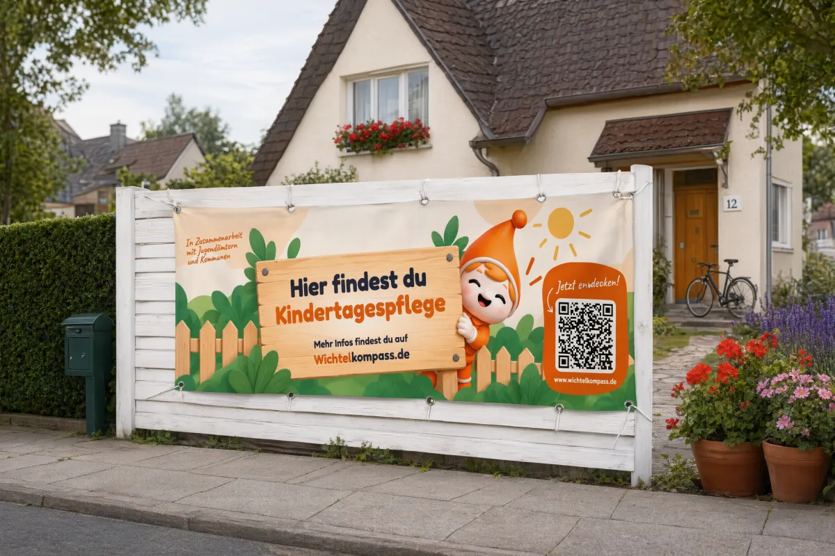 Beispiel: Zaunbanner am weißen Vorgartenzaun eines Einfamilienhauses