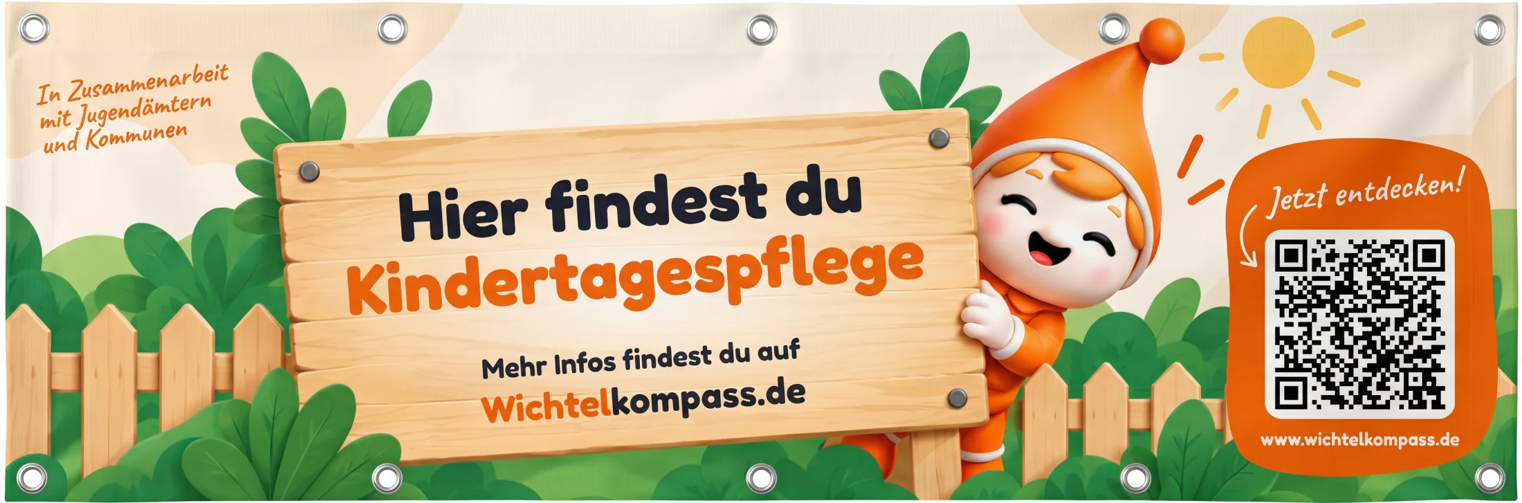 Zaunbanner 150 × 50 cm: „Hier findest du Kindertagespflege“ mit QR-Code und Wichtel-Maskottchen